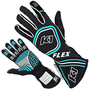 K1 Flex Auto Racing Gloves, Black/Fluorescent Blue, Medium